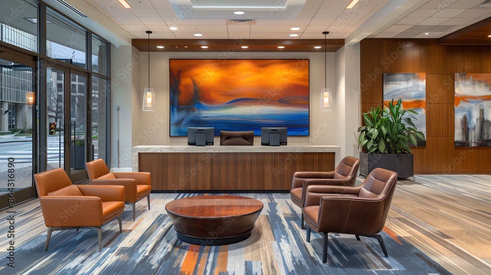 Fototapeta premium Corporate reception area with Neoclassicalinspired details and modern furnishings