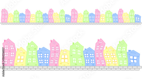 A row of cartoon houses with curved facades isolated on a white background. Border of colorful funny buildings. City street, town. Vector design for greeting card, banner, flyer and window dressing