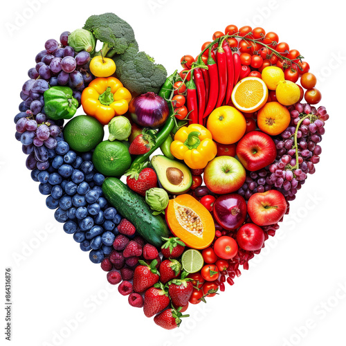 Colorful Fruits and Vegetables Heart Shape Isolated on Transparent or White Background, PNG photo