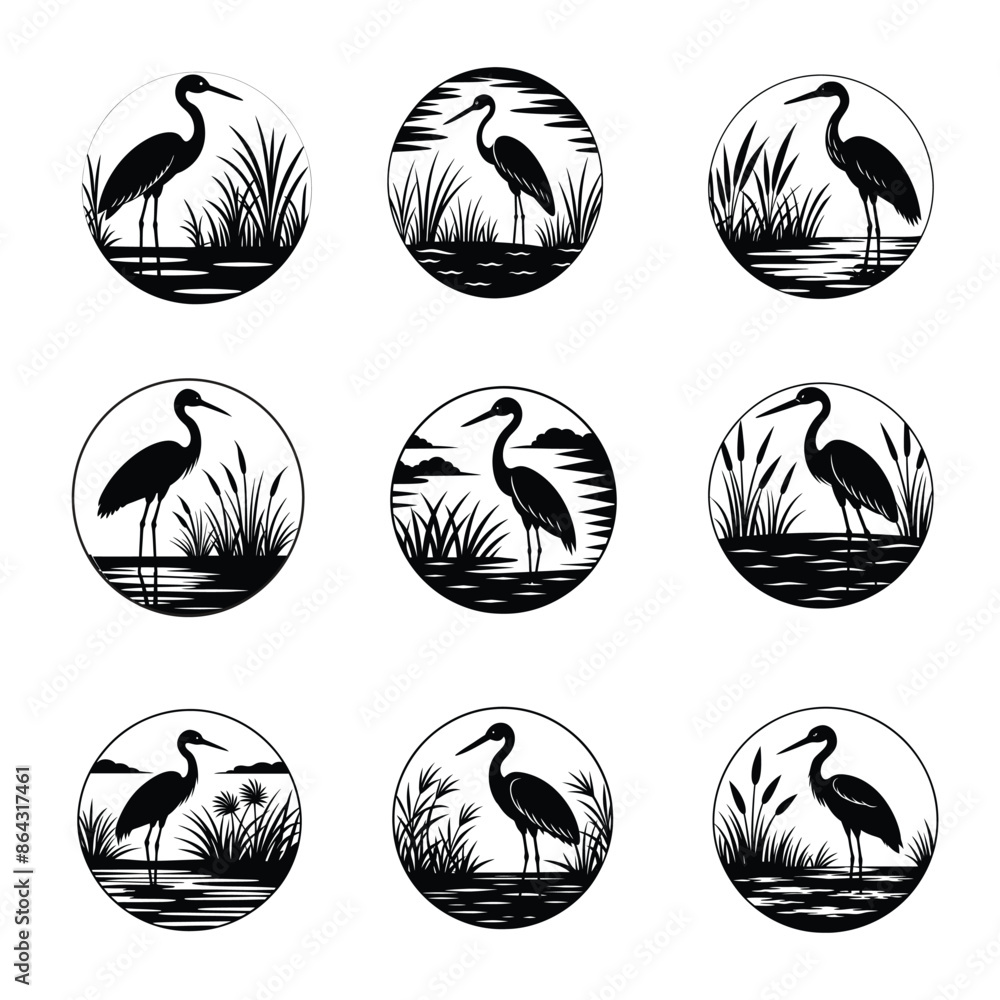 Elegant Stork Silhouette Vector Stunning Wetland Illustration Elegant Stork Silhouette Vector Stunning Wetland Illustration