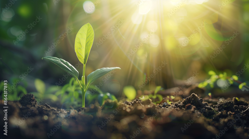 A small green plant is growing in the dirt. The plant is small and has a few leaves A small green plant is growing in the dirt. The plant is small and has a few leaves
