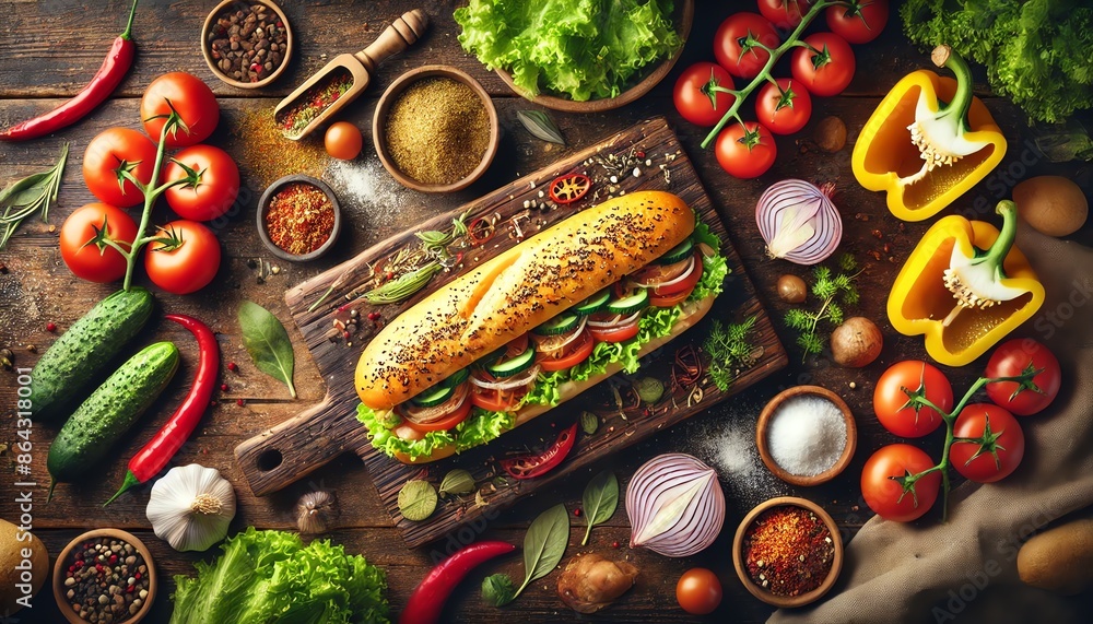An image of a Submarine Sandwich on a wooden cutting board surrounded by an array of fresh ingredients An image of a Submarine Sandwich on a wooden cutting board surrounded by an array of fresh ingredients