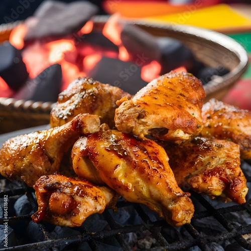 Chicken tikka being grilled over coal, Juicy, tender pieces of chicken are marinated in a blend of spices and yogurt, and are sizzling over hot coal flames. photo