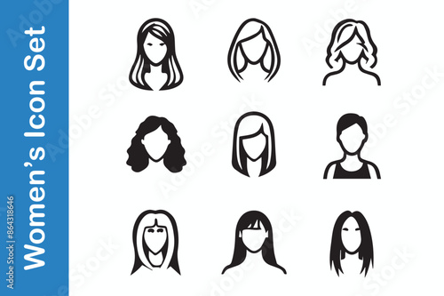 Women's head line icons set with editable vector 