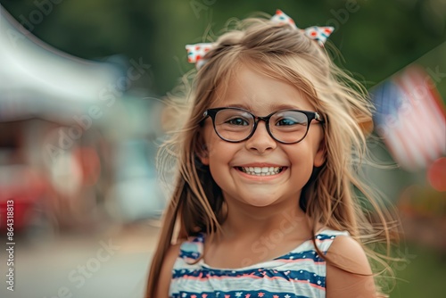 little girl in glasses smiling, celebration for independence 4th of july