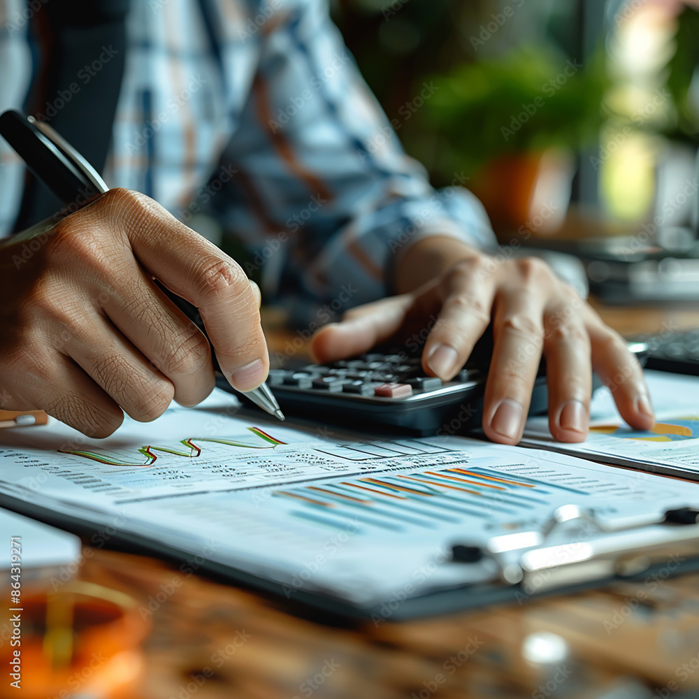 Fototapeta premium accountant working on desk using calculator, generative ai