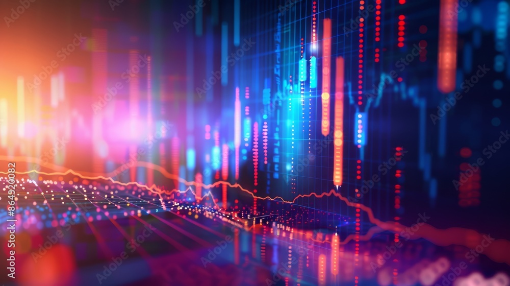 Vibrant digital financial data visualization featuring colorful graphs, dots, and lines. The image showcases dynamic market trends and analysis with a mix of red, blue, and orange hues Vibrant digital financial data visualization featuring colorful graphs, dots, and lines. The image showcases dynamic market trends and analysis with a mix of red, blue, and orange hues