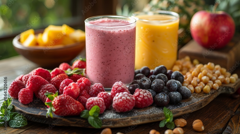 Healthy Breakfast Spread: Capture a healthy breakfast spread with fresh fruits, smoothies, and whole grains, perfect for a nutritious lifestyle theme. Healthy Breakfast Spread: Capture a healthy breakfast spread with fresh fruits, smoothies, and whole grains, perfect for a nutritious lifestyle theme.