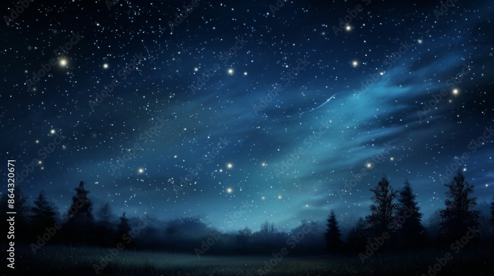 Starry night sky with meteor shower over a forest and lake. Starry night sky with meteor shower over a forest and lake.