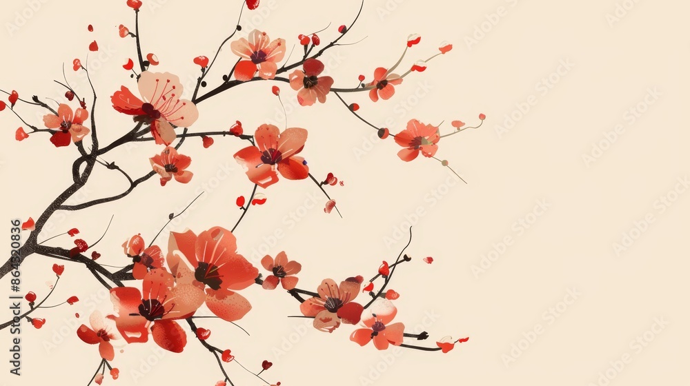 Elegant Red Floral Branch on Beige Background Elegant Red Floral Branch on Beige Background