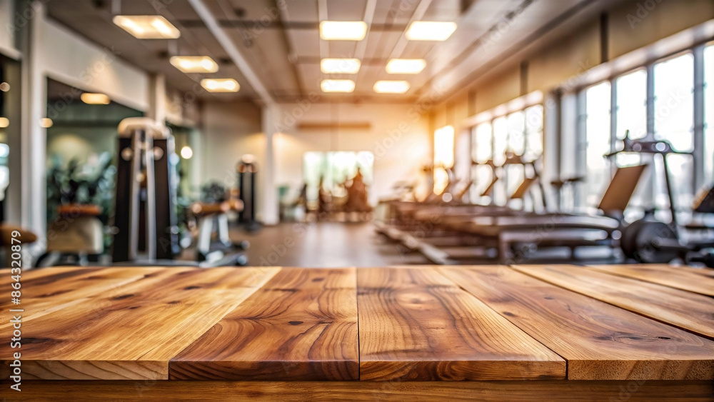 Empty wooden table with blur modern gym interior with sport fitness equipment Empty wooden table with blur modern gym interior with sport fitness equipment