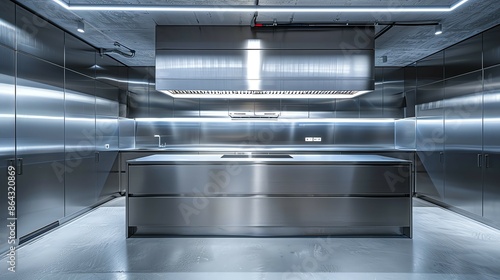 Industrial office kitchen with stainless steel cabinetry and industrial lighting photo