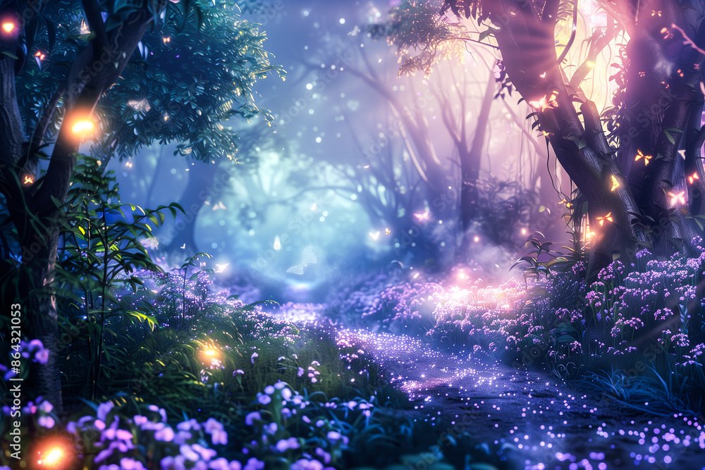 Enchanted Forest Pathway with Glowing Dreamlike Flora and Twinkling Lights Enchanted Forest Pathway with Glowing Dreamlike Flora and Twinkling Lights