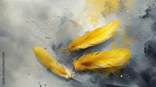 Golden Yellow Feathers on Abstract Gray Artwork