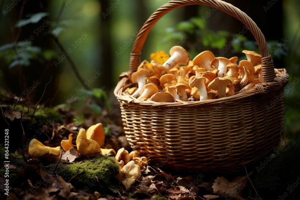 Basket of Freshly Picked Mushrooms in the Forest Basket of Freshly Picked Mushrooms in the Forest