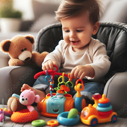 baby child playing with toys and feeling happy