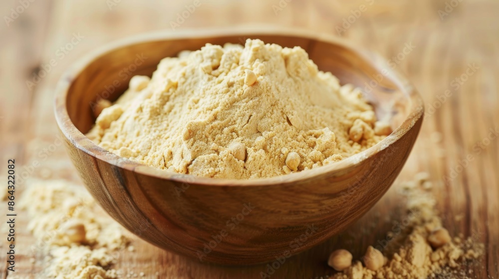 Ground chickpeas in a wooden bowl with whole chickpeas scattered on a rustic surface Ground chickpeas in a wooden bowl with whole chickpeas scattered on a rustic surface