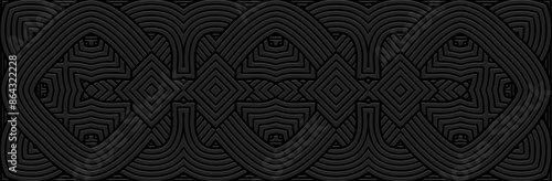 Banner, unique cover design. Relief geometric ethnic 3D pattern on a black background made of lines. Ornaments, arabesques, handmade. Art Deco, traditions of the East, Asia, India, Mexico, Aztec, Peru