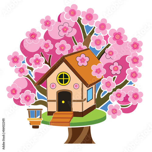A treehouse nestled among cherry blossoms.