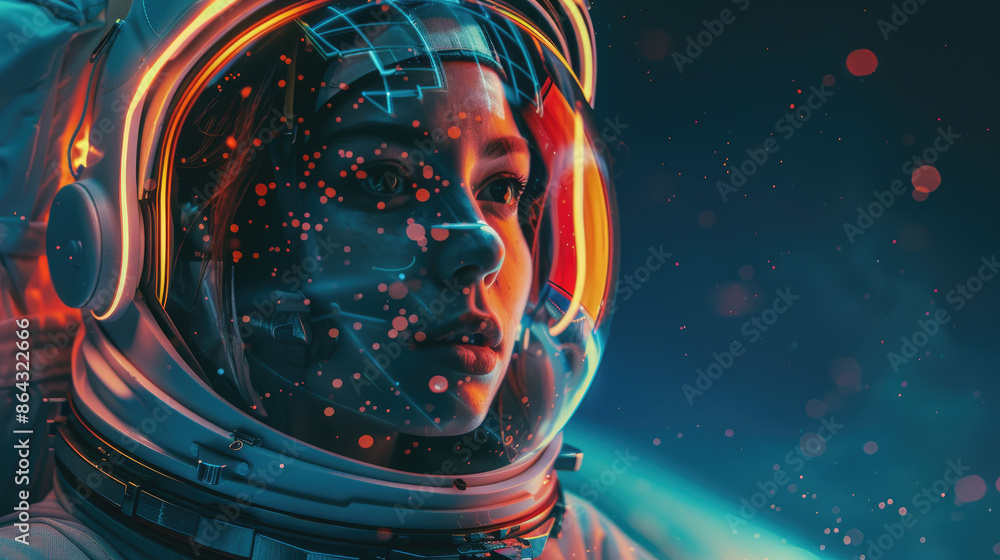 Young woman wearing spacesuit on space background, portrait of girl in helmet. Concept of people, travel, scifi, astronaut, future, fantasy Young woman wearing spacesuit on space background, portrait of girl in helmet. Concept of people, travel, scifi, astronaut, future, fantasy