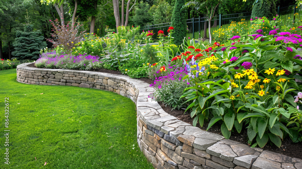 Obraz premium Beautiful design of home garden with terraces, landscaped backyard or yard, stone retaining walls in summer. Concept of landscaping, plant, greenery, flower