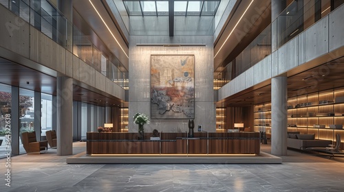 Modern corporate lobby with Modernistinspired lighting and contemporary art photo