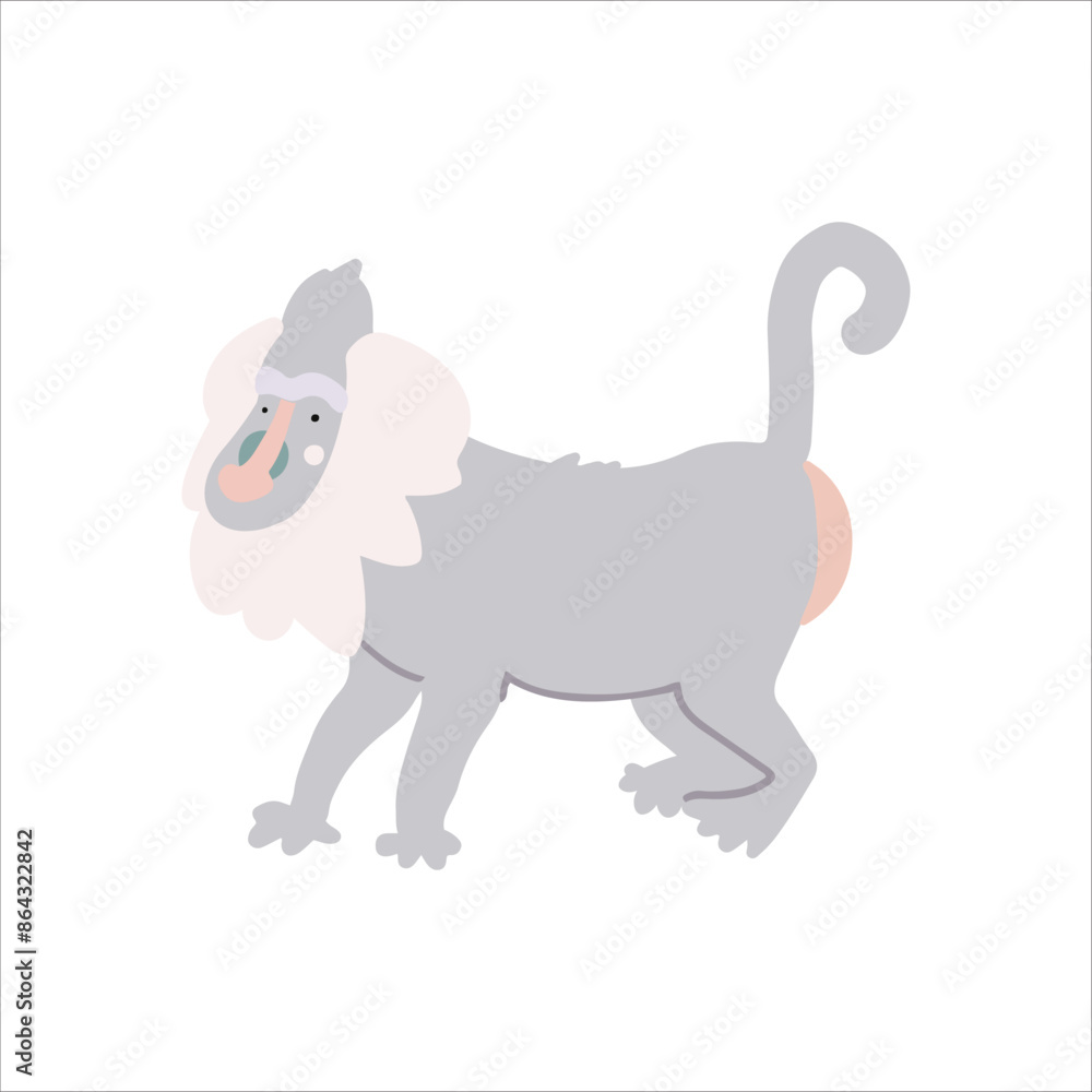 Fototapeta premium Funny childish and cute mandrill baboon character, hand drawn vector illustration. Safari and zoo animal