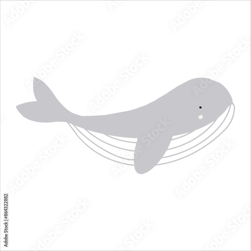 Funny childish and cute swimming whale character, hand drawn vector illustration.  Water animal