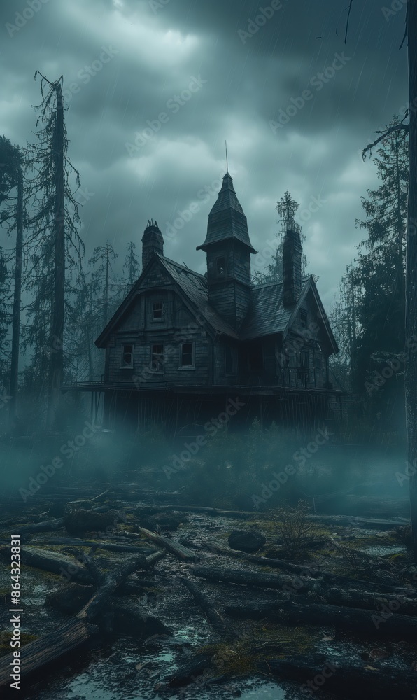 Mysterious Abandoned House in a Foggy Forest Mysterious Abandoned House in a Foggy Forest
