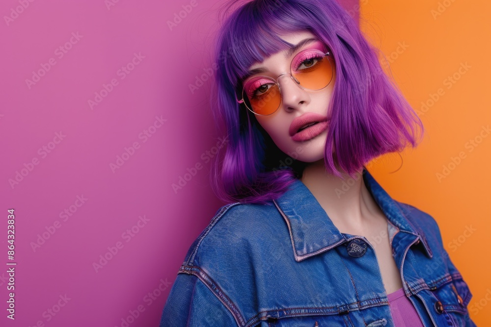 Fashionable Girl in Denim Clothing Standing with Emotion on Lilac Purple Background Fashionable Girl in Denim Clothing Standing with Emotion on Lilac Purple Background