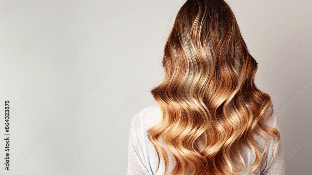 Fototapeta premium Elegant wavy blond hair cascading down the back of a woman. Warm golden tones. Perfect for beauty and haircare promotions, this stylish hair photo is ideal for websites and magazines. AI
