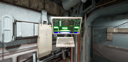 Fototapeta Naklejka Na Ścianę i Meble -  3D illustration of a futuristic Sci-fi spacecraft interior, featuring a control panel with glowing screens and a keyboard.