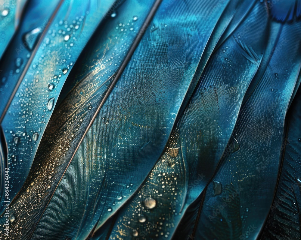 Obraz premium Feathers. Closeup Still Life of Aqua Crane Feathers in Water with Textured Background