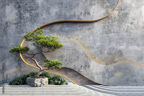 Volumetric stucco molding on a concrete wall with golden elements, Japanese l...