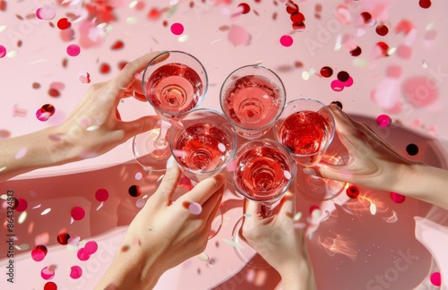 Hands Toasting With Pink Champagne and Confetti