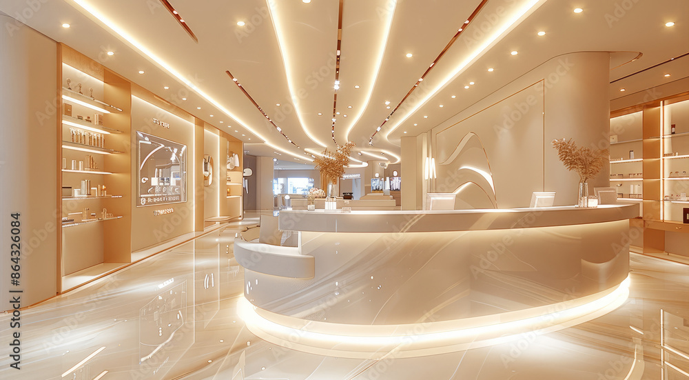 Obraz premium Live broadcast room background, shopping mall counter, beige color scheme, bright background, luxurious feeling. Generative AI.