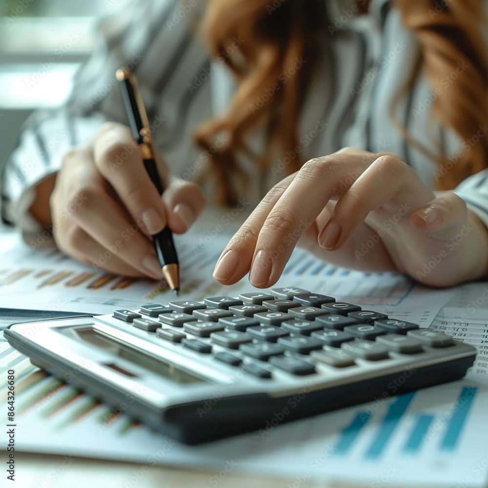 accountant working on desk using calculator, generative ai