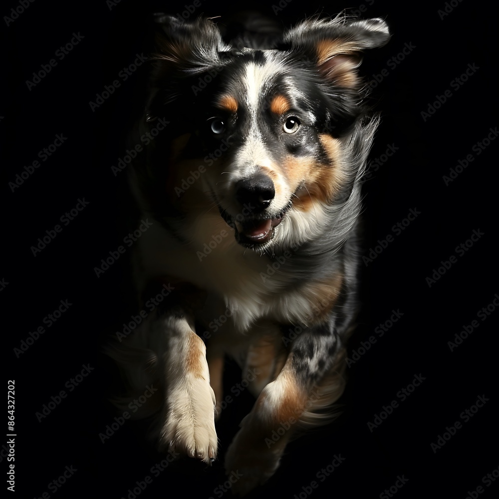 Agile Australian Shepherd Dog in Motion with Studio Lighting Agile Australian Shepherd Dog in Motion with Studio Lighting