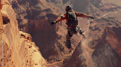 Base jumper in midflight with desert canyons below, photorealistic, rugged and daring