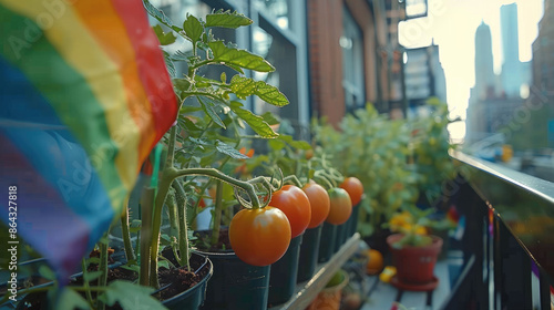 A tomato plants on a balcony with rainbow flag, pride flag. Generative AI.