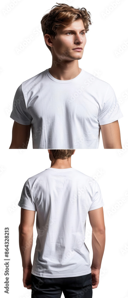 Young man wearing plain white t-shirt, front and back view. Casual fashion style for mockup or branding. Clean and simple design. Young man wearing plain white t-shirt, front and back view. Casual fashion style for mockup or branding. Clean and simple design.