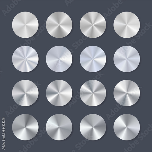 Round cone metal gradients set. Silver radial texture discs.