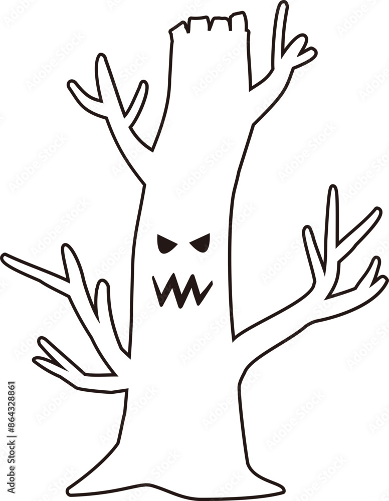 Obraz premium Halloween ghost tree outline. Halloween scary tree outline. Dead tree outline vector. Dead tree coloring page svg. 