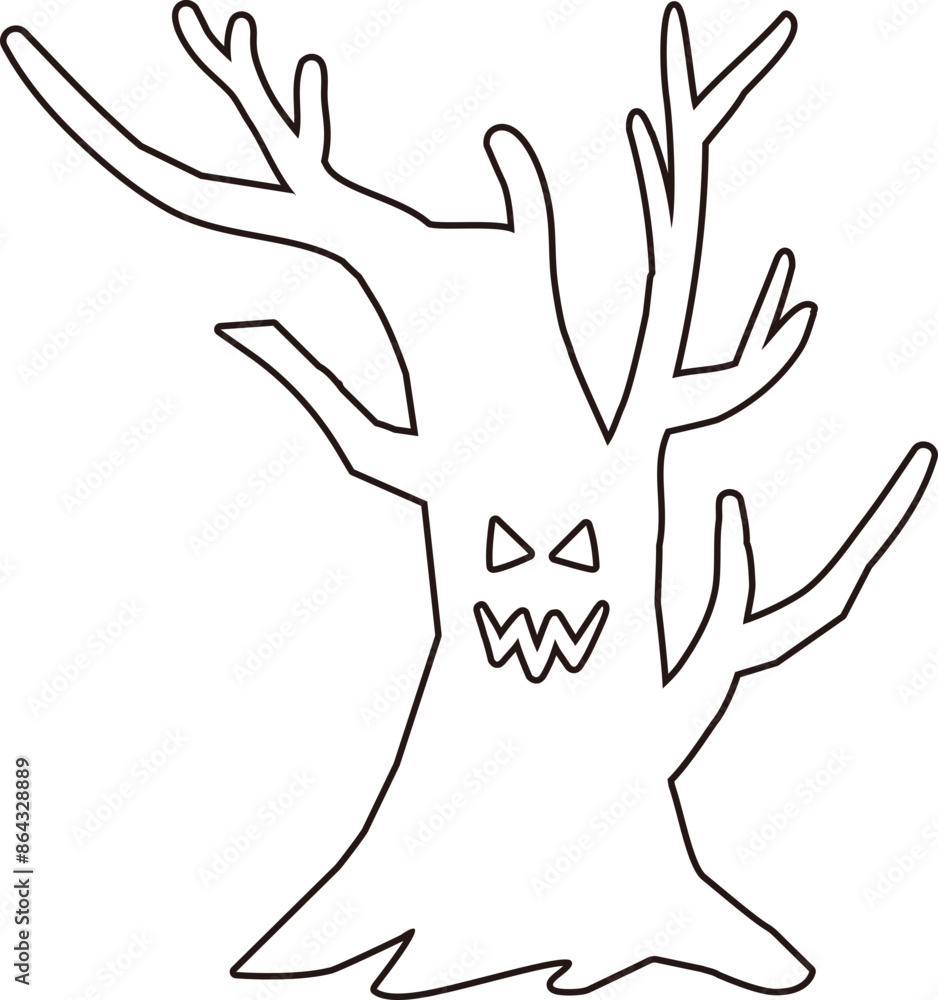 Obraz premium Halloween ghost tree outline. Halloween scary tree outline. Dead tree outline vector. Dead tree coloring page svg. 