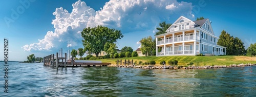 lake house with white vinyl siding and porch home on a grassy hill above the lake with a dock in front of it and a boat parked at the pier Generative AI