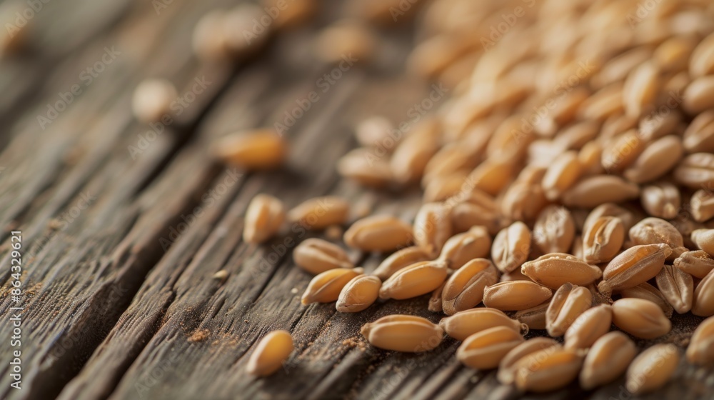 Raw wheat grains scattered on a rustic wooden table Raw wheat grains scattered on a rustic wooden table