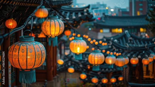 Traditional lanterns illuminate a charming Asian street at dusk. The warm glow creates a festive and inviting atmosphere. © Nic