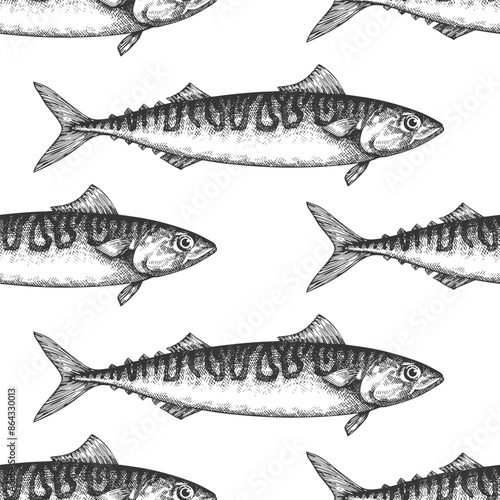 Vintage Style Mackerel Seamless Pattern. Vector Hand Drawn Fish Background. High Quality Old Fashion Illustration