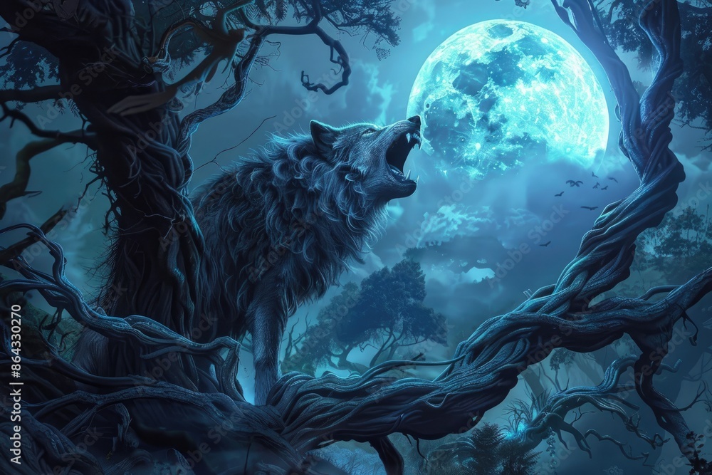werewolf howling at the moon in a forest with twisted trees werewolf howling at the moon in a forest with twisted trees