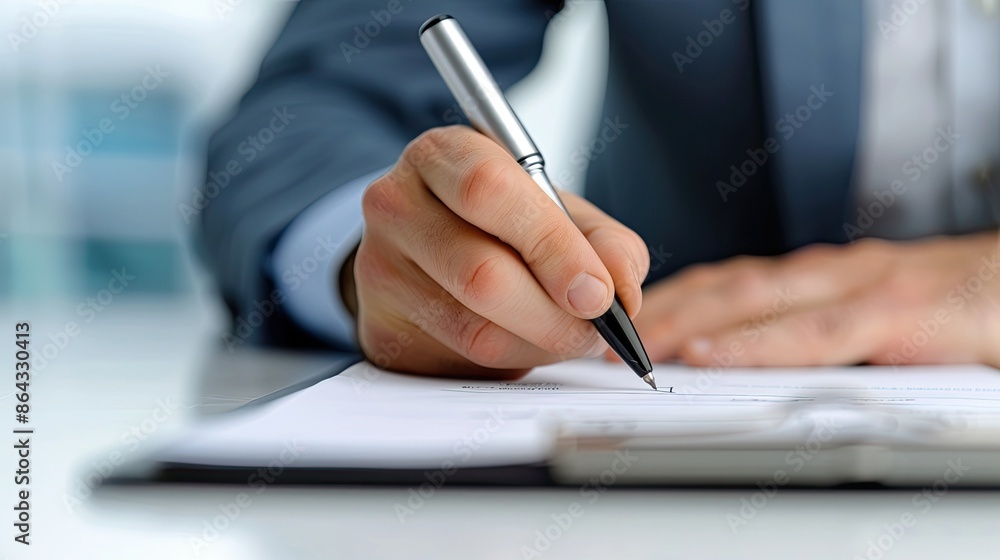 Close-up of a business professional signing a document with a pen, representing agreement, contract, or legal process in an office setting. Close-up of a business professional signing a document with a pen, representing agreement, contract, or legal process in an office setting.
